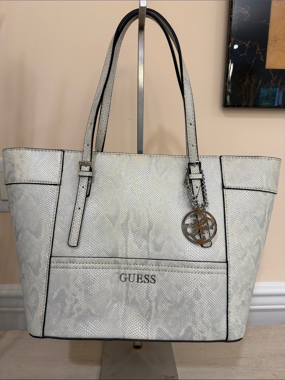 GUESS White Snake-Print Tote with Logo Charm
